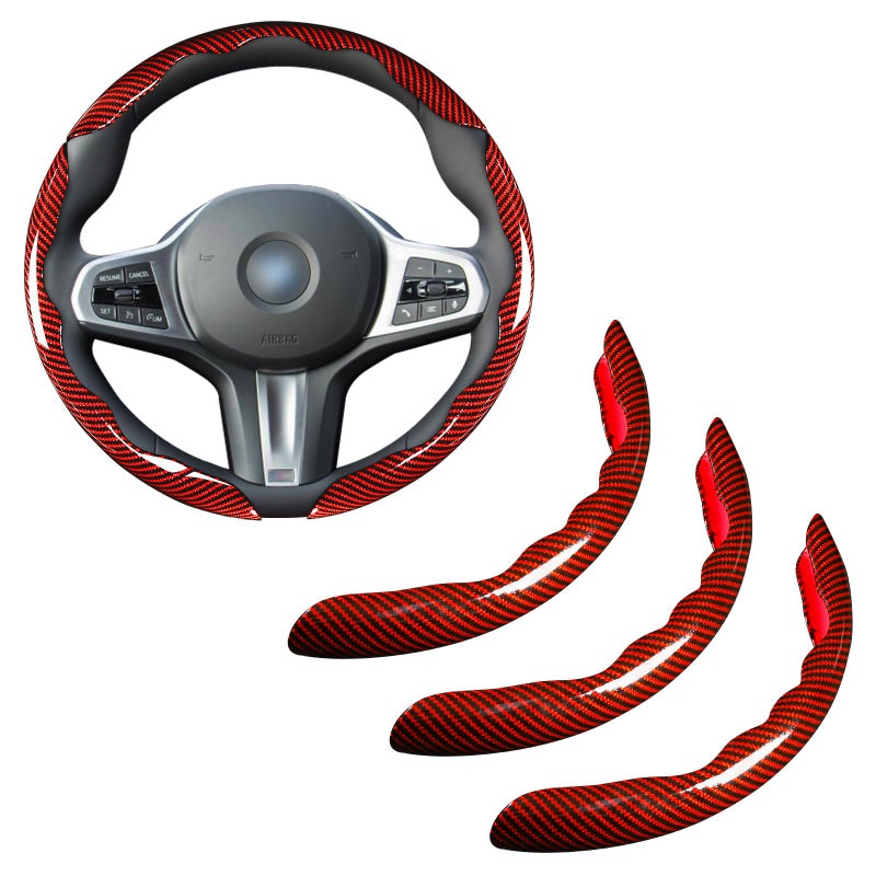 Aotoyou Car Steering Wheel Cover Set Bright Carbon Fiber Wrap Non-Slip 3pcs Steering Wheel Accessories 14.5-15 inch Universal (Red) - Image 1